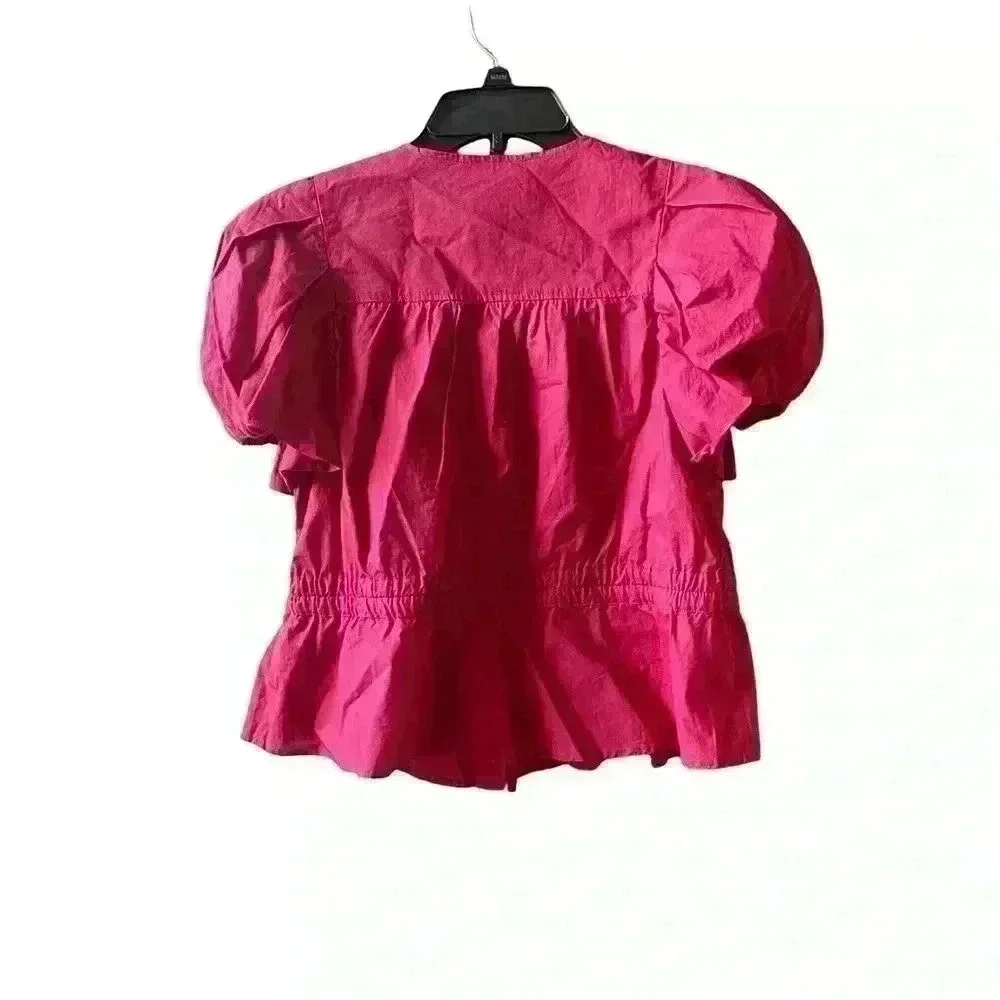 Ulla Johnson Peplum Hem Tie Magenta Puff Sleeves Cotton Blouse Size 00/0/2.